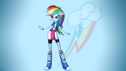 Size: 1920x1080 | Tagged: safe, artist:n0kkun, derpibooru import, rainbow dash, equestria girls, solo, wallpaper