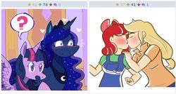 Size: 512x275 | Tagged: artist needed, safe, artist:php52, derpibooru import, apple bloom, applejack, princess luna, twilight sparkle, twilight sparkle (alicorn), alicorn, human, pony, applecest, bloomjack, blushing, derpibooru, exploitable meme, female, humanized, incest, juxtaposition, juxtaposition win, kissing, lesbian, mare, meme, meta, older, shipping