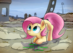 Size: 1600x1178 | Tagged: safe, artist:anti1mozg, fluttershy, pegasus, pony, behaving like a dog, blank flank, cute, fallout, fallout 4, female, mare, shyabetes, solo