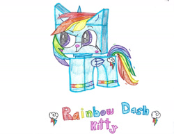 Size: 1600x1237 | Tagged: safe, artist:unikitty18, derpibooru import, rainbow dash, pegasus, pony, crossover, lego, simple background, the lego movie, traditional art, unikitty, white background