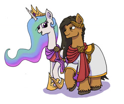 Size: 800x669 | Tagged: safe, artist:sensko, princess celestia, alicorn, pony, clothes, crossover, crown, duo, emprahlestia, ethereal mane, female, god-emperor of mankind, heresy, hoof shoes, jewelry, laurel wreath, long mane, male, mare, ponified, regalia, robes, shipping, simple background, stallion, warhammer (game), warhammer 40k, white background