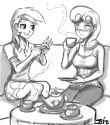 Size: 735x840 | Tagged: safe, artist:johnjoseco, junebug, roseluck, human, blushing, breasts, duo, duo female, female, food, grayscale, hand gesture, humanized, monochrome, sitting, tea, teapot