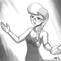 Size: 850x850 | Tagged: safe, artist:johnjoseco, silver spoon, human, adult, clothes, dress, female, glasses, grayscale, humanized, monochrome, open mouth, solo, spread arms