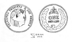 Size: 2562x1508 | Tagged: safe, artist:s-guide, princess celestia, alicorn, pony, coin, monochrome, newbie artist training grounds, solo, traditional art