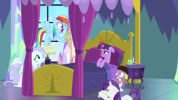Size: 1280x720 | Tagged: safe, derpibooru import, screencap, fluttershy, rainbow dash, rarity, spike, twilight sparkle, twilight sparkle (alicorn), alicorn, dragon, earth pony, pegasus, pony, unicorn, ail-icorn, spoiler:interseason shorts, bed, dashie mcboing boing, female, fluttercold, mare, sicklight sparkle, swollen horn, winged spike