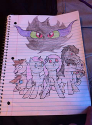 Size: 1174x1600 | Tagged: safe, artist:flutternom, derpibooru import, king sombra, oc, oc:belle shine, oc:blackwisp, oc:eternal trimmer, oc:rica(rib cage), oc:xenia, pony, lined paper, traditional art