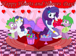 Size: 4765x3528 | Tagged: safe, artist:wr0, rarity, spike, equestria girls, absurd resolution, cupcake, female, flower, food, gem, heart, hearts and hooves day, hug, human spike, male, shipping, sparity, straight