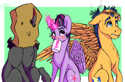 Size: 6621x4344 | Tagged: safe, artist:loladotz, derpibooru import, flash sentry, king sombra, twilight sparkle, twilight sparkle (alicorn), alicorn, pony, absurd resolution, backwards cutie mark, butter, coffee mug, disguise, drinking, fanfic, fanfic art, food, hiding, magic, mug, pancakes, sack, smiling, telekinesis