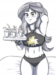 Size: 1195x1599 | Tagged: safe, artist:sumin6301, sunset shimmer, equestria girls, adorasexy, arm behind head, armpits, belly button, bikini, blushing, breasts, clothes, cute, cutie mark on clothes, drink, female, midriff, monochrome, partial color, sexy, shimmerbetes, solo, straw, summer sunset, swimsuit, tray