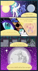 Size: 860x1600 | Tagged: safe, artist:magicandmysterygal, nightmare moon, princess celestia, princess luna, alicorn, pony, comic:long night wild night, comic, elements of harmony, mare in the moon, moon