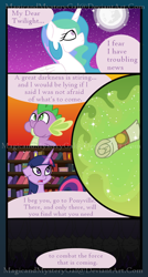 Size: 860x1600 | Tagged: safe, artist:magicandmysterygal, princess celestia, spike, twilight sparkle, alicorn, dragon, pony, comic:long night wild night, comic, night, scroll