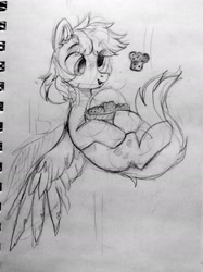 Size: 1573x2102 | Tagged: safe, artist:_mpiesocks, artist:raily, derpy hooves, pegasus, pony, basket, cloud, falling, female, food, muffin, sketch, sky, solo, spread wings, traditional art, wings