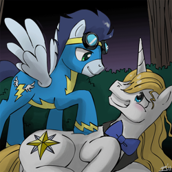 Size: 700x700 | Tagged: safe, artist:johnjoseco, prince blueblood, soarin', pegasus, pony, unicorn, clothes, crack shipping, eye contact, gay, goggles, grin, looking at each other, looking back, male, night, prone, shipping, smiling, soarinblood, spread wings, uniform, wings, wonderbolts uniform