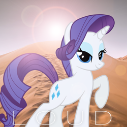 Size: 800x800 | Tagged: safe, artist:jennieoo, artist:penguinsn1fan, rarity, pony, unicorn, album, album cover, cover, desert, lens flare, parody, raised hoof, rihanna, solo, sun