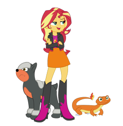 Size: 930x954 | Tagged: safe, artist:maretrick, ray, sunset shimmer, equestria girls, boots, charmander, crossed arms, houndour, lidded eyes, pokémon, shoes
