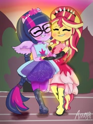 Size: 1536x2048 | Tagged: safe, artist:artmlpk, sci-twi, sunset shimmer, twilight sparkle, better together, equestria girls, forgotten friendship, blushing, clothes, cute, digital art, dress, duo, female, friendshipping, hug, ponied up, scitwilicorn, shimmerbetes, super ponied up, twiabetes, wings