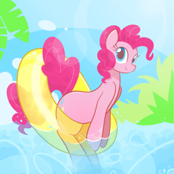 Size: 2000x2000 | Tagged: safe, artist:b-epon, pinkie pie, earth pony, pony, cute, diapinkes, excited, female, floaty, inflatable, inner tube, looking at you, mare, sitting, smiling, solo, summer, sunny, swimming, swimming pool, water, wet