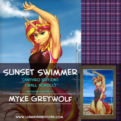 Size: 876x876 | Tagged: safe, artist:mykegreywolf, sunset shimmer, anthro, unicorn, advertisement, armpits, clothes, female, obtrusive watermark, swimsuit, watermark