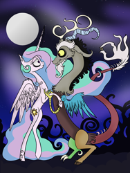 Size: 2448x3264 | Tagged: safe, artist:pigzfairy, discord, princess celestia, alicorn, draconequus, pony, dislestia, horn jewelry, jewelry, looking at each other, male, missing accessory, moon, night, ring, shipping, smiling, straight, style emulation, tim burton