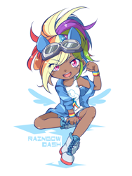 Size: 600x800 | Tagged: safe, artist:nabebuta, derpibooru import, rainbow dash, human, alternate hairstyle, bishoujo, chibi, clothes, cute, dark skin, dashabetes, female, flexing, goggles, humanized, jacket, kotobukiya, kotobukiya rainbow dash, looking at you, shoes, simple background, smiling, wristband