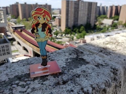 Size: 970x725 | Tagged: safe, artist:lindsay cibos, artist:mylittleties, sunset shimmer, equestria girls, friendship games, boots, clothes, figure, jacket, merchandise, pants, shoes, standee
