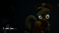 Size: 1024x576 | Tagged: safe, applejack, earth pony, pony, robot, animatronic, applefreddy, creepy, five nights at aj's, five nights at freddy's, glowing eyes, looking at you, solo