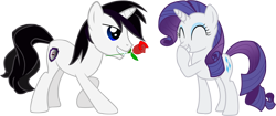 Size: 3972x1669 | Tagged: safe, artist:barrfind, rarity, oc, oc:barrfind, pony, unicorn, canon x oc, date, female, flower, giggling, male, rarifind, rose, shipping, simple background, straight, transparent background, vector