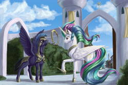 Size: 6000x4000 | Tagged: safe, artist:kirillk, princess celestia, oc, oc:paladin colt, alicorn, pegasus, pony, absurd resolution, armor, canterlot, canterlot castle, female, guard, helmet, hoof shoes, magic, male, mare, royal guard, spread wings, stallion, telekinesis, wings