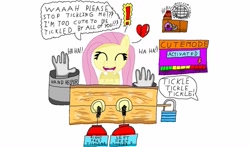 Size: 1167x684 | Tagged: safe, artist:rainofbladess, fluttershy, pegasus, pony, 1000 hours in ms paint, belly button, colorful, feather, fetish, kindness, laughing, ms paint, solo, tickle fetish, tickling, tickling machine, writing