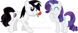 Size: 1024x430 | Tagged: safe, artist:barrfind, rarity, oc, oc:barrfind, pony, unicorn, canon x oc, date, female, flower, giggling, male, rarifind, rose, shipping, simple background, straight, transparent background, vector, watermark