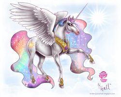 Size: 1215x972 | Tagged: safe, artist:the-cynical-unicorn, princess celestia, alicorn, horse, pony, solo, spread wings, unshorn fetlocks, watermark