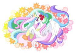 Size: 2963x2069 | Tagged: safe, artist:shiragariria, princess celestia, alicorn, pony, colored pupils, cute, cutelestia, female, flower, flower in hair, mare, pixiv, profile, solo