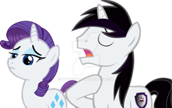 Size: 1024x644 | Tagged: safe, artist:barrfind, rarity, oc, oc:barrfind, pony, unicorn, canon x oc, eyes closed, female, male, rarifind, shipping, simple background, straight, talking, transparent background, vector, watermark