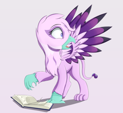 Size: 1874x1724 | Tagged: safe, artist:arcane-thunder, starlight glimmer, griffon, atg 2020, beak, book, female, griffonized, newbie artist training grounds, open beak, open mouth, shocked, simple background, species swap, spell gone wrong, spread wings, transformation, wings