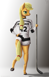 Size: 3500x5400 | Tagged: safe, artist:misterjuly, applejack, anthro, unguligrade anthro, hockey, hockey stick, los angeles kings, nhl, solo, underhoof