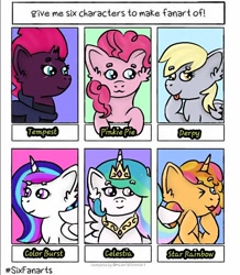 Size: 720x824 | Tagged: safe, artist:yuru_kaza, derpy hooves, pinkie pie, princess celestia, tempest shadow, oc, oc:color burst, alicorn, earth pony, pegasus, pony, broken horn, bust, crossover, female, horn, mare, peytral, six fanarts, smiling, spread wings, wings