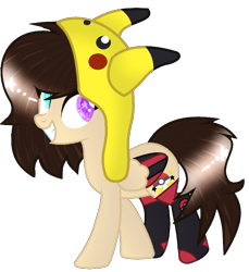 Size: 791x865 | Tagged: safe, artist:space--paws0w0, oc, oc only, oc:asheley, pegasus, pikachu, pony, clothes, colored wings, female, hat, heterochromia, mare, multicolored wings, nintendo, pokéball, pokémon, simple background, socks, solo, thigh highs, transparent background