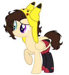 Size: 861x928 | Tagged: safe, artist:space--paws0w0, oc, oc only, oc:asheley, pegasus, pikachu, pony, clothes, colored wings, female, hat, heterochromia, mare, multicolored wings, nintendo, pokéball, pokémon, raised hoof, simple background, socks, solo, thigh highs, transparent background