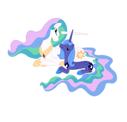 Size: 1024x978 | Tagged: safe, artist:xxthatsmytypexx, princess celestia, princess luna, alicorn, pony, horns are touching, prone, s1 luna