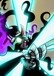 Size: 1240x1754 | Tagged: safe, artist:rambopvp, derpibooru import, king sombra, pony, umbrum, the crystal empire, curved horn, dark magic, defeated, glowing eyes, good end, magic, scene interpretation, solo, sombra eyes