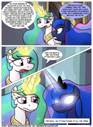 Size: 1400x1900 | Tagged: safe, artist:moemneop, princess celestia, princess luna, alicorn, pony, comic:shifting changelings lies and truths, comic, glowing eyes, magic