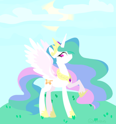 Size: 1600x1707 | Tagged: safe, artist:nauzus, princess celestia, alicorn, pony, cloud, raised hoof, solo, spread wings