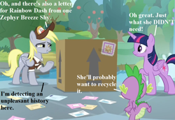 Size: 1008x693 | Tagged: safe, edit, edited screencap, screencap, derpy hooves, spike, twilight sparkle, twilight sparkle (alicorn), alicorn, dragon, the point of no return, cropped, cute, derpabetes, dialogue, hat, implied rainbow dash, implied zephyr breeze, mail, mailmare hat, mailpony uniform, package, uh oh, winged spike