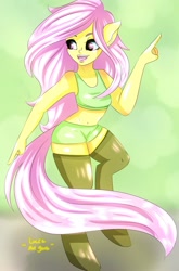 Size: 1266x1920 | Tagged: safe, artist:lucaaegus, fluttershy, anthro, clothes, dancing, shorts, stockings, thigh highs