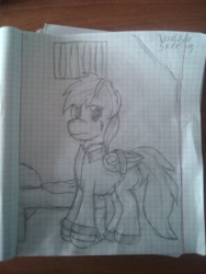 Size: 1944x2592 | Tagged: safe, artist:terminalhash, derpibooru import, rainbow dash, pegasus, pony, bound wings, clothes, cuffs, graph paper, prison outfit, prisoner rd, shackles, sketch, solo, traditional art, wing cuffs