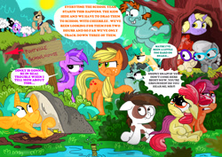 Size: 2338x1658 | Tagged: safe, artist:seriousdog, amethyst star, apple bloom, applejack, diamond tiara, dinky hooves, pipsqueak, scootaloo, silver spoon, snails, snips, sparkler, twist, earth pony, pony, sheep, claude, hiding, snipsy snap