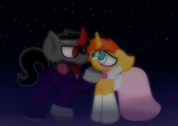 Size: 1312x933 | Tagged: safe, artist:thefanficfanpony, derpibooru import, king sombra, sunburst, pony, unicorn, blushing, clothes, crack shipping, crossdressing, dress, flower, gay, male, night, rose, shipping, somburst, stallion, suit