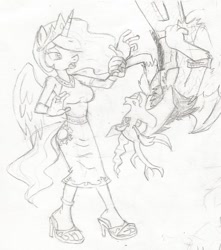 Size: 676x763 | Tagged: safe, artist:dertikleen, discord, princess celestia, anthro, plantigrade anthro, anklet, clothes, dress, high heels, monochrome, sandals, toe ring, traditional art