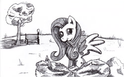 Size: 2512x1564 | Tagged: safe, artist:dereklestrange, fluttershy, pegasus, pony, bush, cute, garden, monochrome, sketch, solo, tree