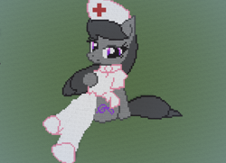 Size: 1166x843 | Tagged: safe, artist:askaniz, artist:pyruvate, octavia melody, earth pony, pony, clothes, female, mare, minecraft, minecraft pixel art, nurse, pixel art, sitting, socks, solo